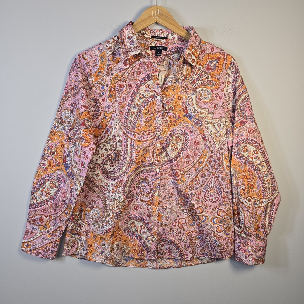 Lands End Womens Shirt No iron Supima Cotton Size 16 Paisley Long Sleeve NWT